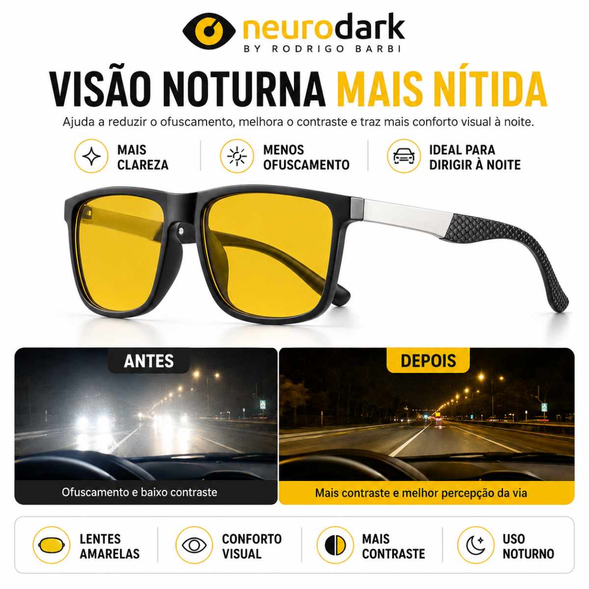 Óculos Bloqueador de Luz Azul Lente Amarela Polarizada Neurodark
